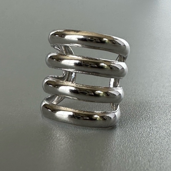 Rhodium Plated Four-Band Ear Cuff – Modern Wide Cuff Look, No Piercing Needed - Picture 9 of 12